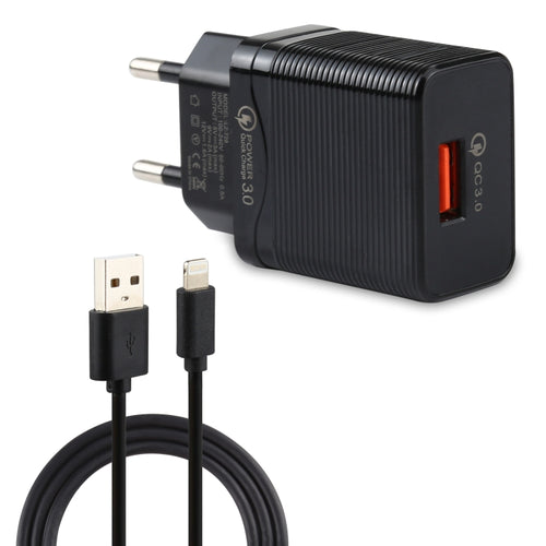 LZ-728 2 in 1 18W QC 3.0 USB Interface Travel Charger ชุดสายเคเบิลข้อมูล USB ถึง 8 Pin, ปลั๊ก EU, ความยาวสายเคเบิล: 1 ม., with 8 Pin Cable