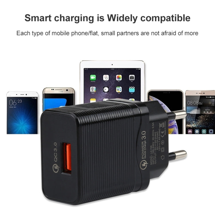 LZ-728 2 in 1 18W QC 3.0 USB Interface Travel Charger ชุดสายเคเบิลข้อมูล USB ถึง 8 Pin, ปลั๊ก EU, ความยาวสายเคเบิล: 1 ม., with 8 Pin Cable
