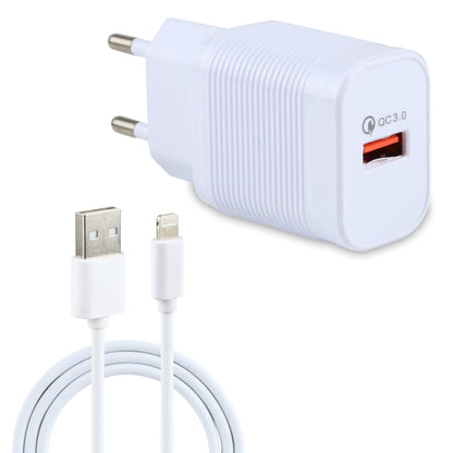 LZ-728 2 in 1 18W QC 3.0 USB Interface Travel Charger ชุดสายเคเบิลข้อมูล USB ถึง 8 Pin, ปลั๊ก EU, ความยาวสายเคเบิล: 1 ม., with 8 Pin Cable