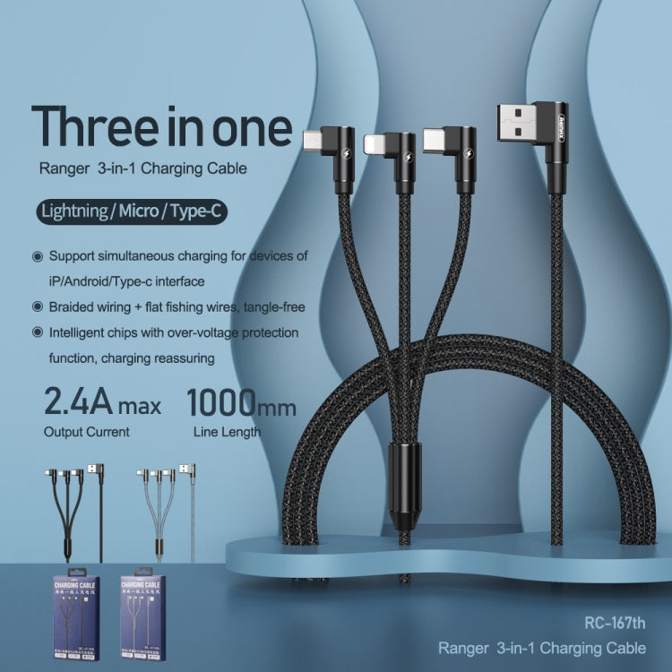 REMAX RC167th 3 in 1 2.1A USB to 8 Pin USBC / TypeC Micro USB Range Series สายชาร์จข้อศอก ความยาวสายเคเบิล: 1 ม.