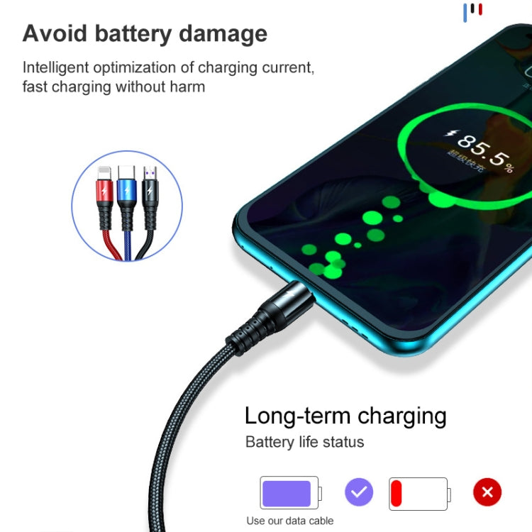 K061 1.2m 5A 3 in 1 USB ถึง 8 Pin USB-C / Type-C + Micro USB Round Fast Charging Data Cable