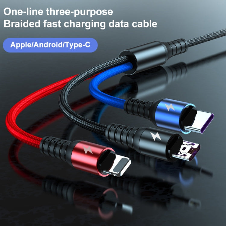 K061 1.2m 5A 3 in 1 USB ถึง 8 Pin USB-C / Type-C + Micro USB Round Fast Charging Data Cable