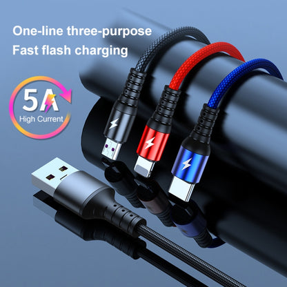K061 1.2m 5A 3 in 1 USB ถึง 8 Pin USB-C / Type-C + Micro USB Round Fast Charging Data Cable