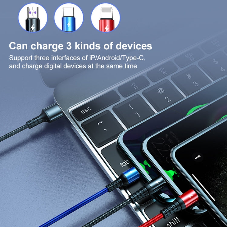 K061 1.2m 5A 3 in 1 USB ถึง 8 Pin USB-C / Type-C + Micro USB Round Fast Charging Data Cable