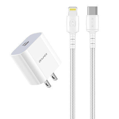 awei PD5 PD 20W Fast Charger Travel Charger Power Adapter พร้อมสายเคเบิล Type-C / USB-C ถึง 8 Pin, ปลั๊ก US