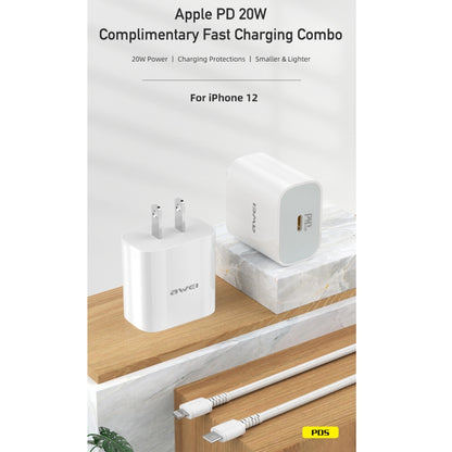 awei PD5 PD 20W Fast Charger Travel Charger Power Adapter พร้อมสายเคเบิล Type-C / USB-C ถึง 8 Pin, ปลั๊ก US