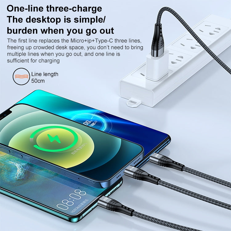 ADC138 66W 3 in 1 USB ถึง 8 Pin Micro USB USBC / TypeC สายชาร์จข้อมูลแบบถักอย่างรวดเร็ว ความยาวสายเคเบิล: 1.2 ม.