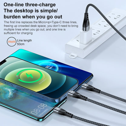 ADC138 66W 3 in 1 USB ถึง 8 Pin Micro USB USBC / TypeC สายชาร์จข้อมูลแบบถักอย่างรวดเร็ว ความยาวสายเคเบิล: 1.2 ม.