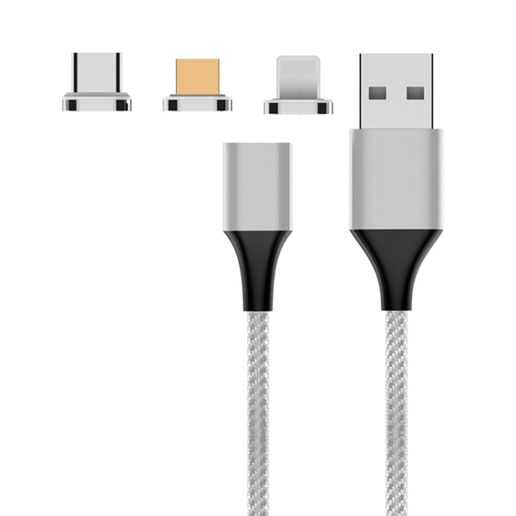 M11 3 in 1 3A USB ถึง 8 พิน Micro USB USBC / TypeC สายเคเบิลข้อมูลแม่เหล็กแบบถักไนลอน ความยาวสายเคเบิล: 2 ม., 8 Pin + Micro USB + USB-C / Type-C