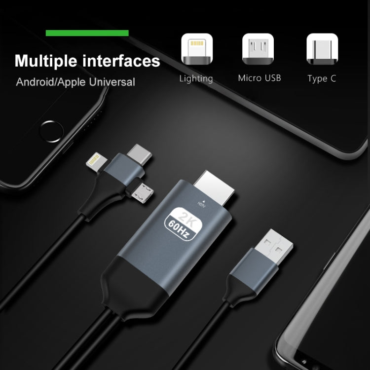P8J อลูมิเนียม 3 in 1 8 พิน + Micro USB USB-C / Type-C ถึงสาย HDTV ความยาวสายเคเบิล: 2 ม., 3 in 1 HDMI (Aluminum)