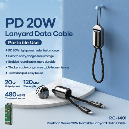 REMAX RC-140i Thor Series PD 20W USB-C / Type-C ถึง 8 Pin สายเคเบิลข้อมูลเชือกเส้นเล็กแบบพกพา ความยาวสายเคเบิล: 1.2 ม., USB-C / Type-C to 8 Pin