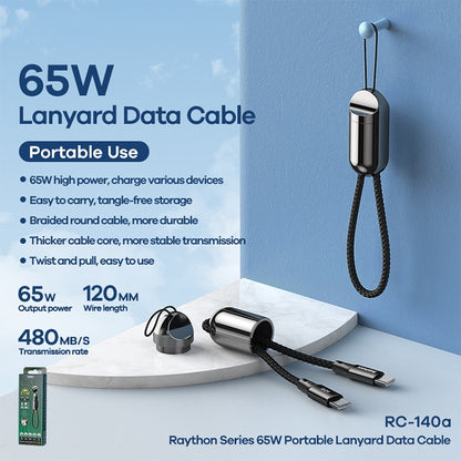 REMAX RC-140a Thor Series 65W USB-C / Type-C to USB-C / Type-C สายเคเบิลข้อมูลเชือกเส้นเล็กแบบพกพา, ความยาวสายเคเบิล: 1.2 ม., USB-C / Type-C to USB-C / Type-C