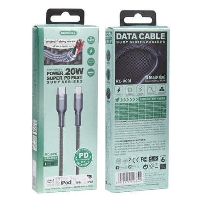 REMAX RC-009i 1 ม. 2.22A USB-C / Type-C ถึง 8 Pin 20W PD สายเคเบิลข้อมูลการชาร์จอย่างรวดเร็ว, Type-C to 8 Pin 20W