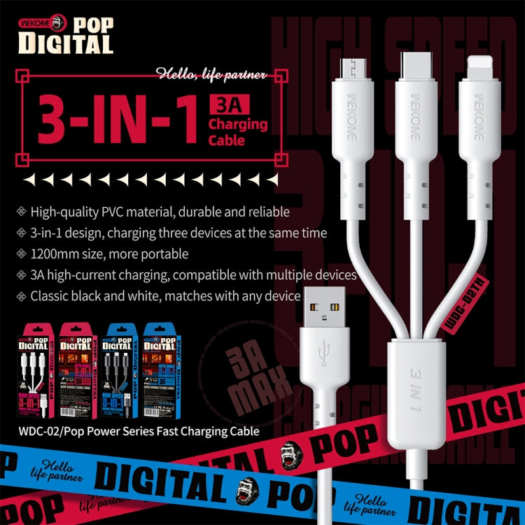 WEKOME WDC-02 Tidal Energy Series 3A USB to 8 Pin+Type-C+Micro USB 3 in 1 PVC Data Cable ความยาว: 1.2 ม.