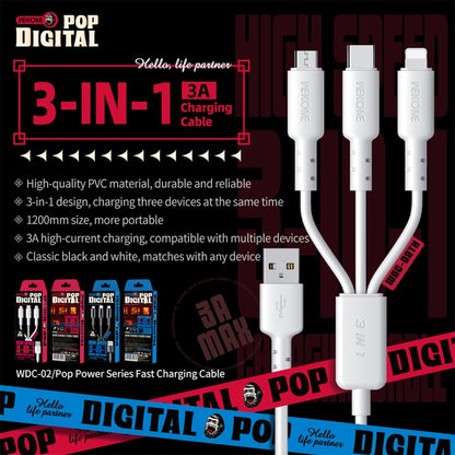 WEKOME WDC-02 Tidal Energy Series 3A USB to 8 Pin+Type-C+Micro USB 3 in 1 PVC Data Cable ความยาว: 1.2 ม.