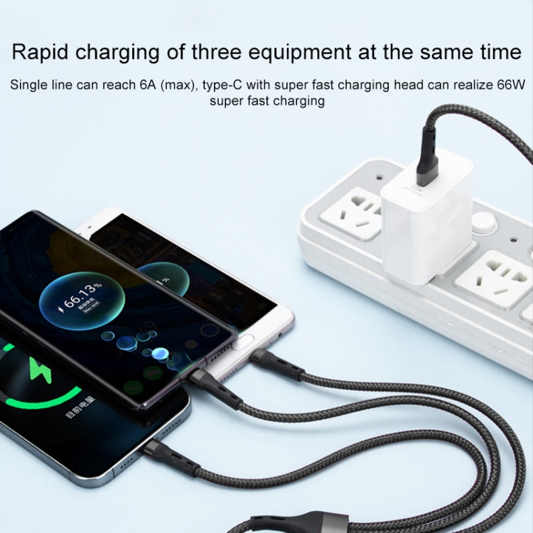 สายชาร์จข้อมูล 100W 6A Type-C ถึง 8 Pin+Type-C+Micro USB, 1.3 ม.