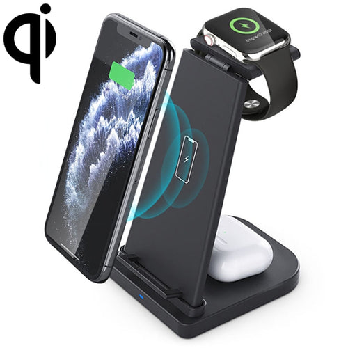 เครื่องชาร์จไร้สายมัลติฟังก์ชั่นแนวตั้ง 10W 3 in 1 QC 3.0 พร้อมฟังก์ชั่นขาตั้งเหมาะสำหรับโทรศัพท์มือถือ / Apple Watch / AirPods