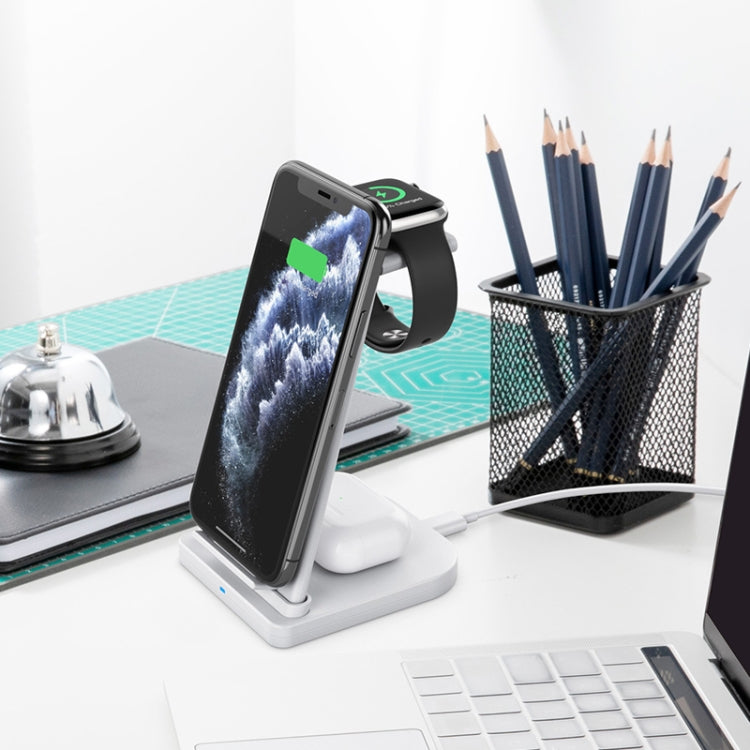 เครื่องชาร์จไร้สายมัลติฟังก์ชั่นแนวตั้ง 10W 3 in 1 QC 3.0 พร้อมฟังก์ชั่นขาตั้งเหมาะสำหรับโทรศัพท์มือถือ / Apple Watch / AirPods