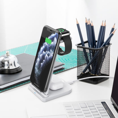 เครื่องชาร์จไร้สายมัลติฟังก์ชั่นแนวตั้ง 10W 3 in 1 QC 3.0 พร้อมฟังก์ชั่นขาตั้งเหมาะสำหรับโทรศัพท์มือถือ / Apple Watch / AirPods