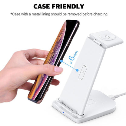 เครื่องชาร์จไร้สายมัลติฟังก์ชั่นแนวตั้ง 10W 3 in 1 QC 3.0 พร้อมฟังก์ชั่นขาตั้งเหมาะสำหรับโทรศัพท์มือถือ / Apple Watch / AirPods