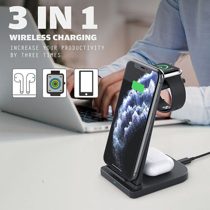 เครื่องชาร์จไร้สายมัลติฟังก์ชั่นแนวตั้ง 10W 3 in 1 QC 3.0 พร้อมฟังก์ชั่นขาตั้งเหมาะสำหรับโทรศัพท์มือถือ / Apple Watch / AirPods