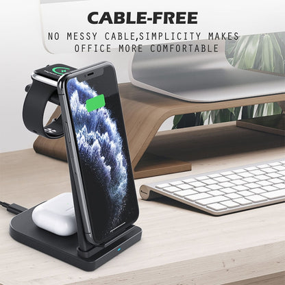 เครื่องชาร์จไร้สายมัลติฟังก์ชั่นแนวตั้ง 10W 3 in 1 QC 3.0 พร้อมฟังก์ชั่นขาตั้งเหมาะสำหรับโทรศัพท์มือถือ / Apple Watch / AirPods