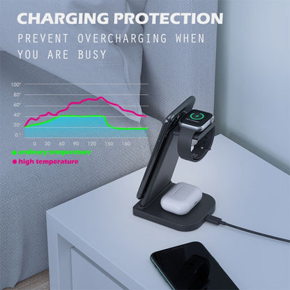 เครื่องชาร์จไร้สายมัลติฟังก์ชั่นแนวตั้ง 10W 3 in 1 QC 3.0 พร้อมฟังก์ชั่นขาตั้งเหมาะสำหรับโทรศัพท์มือถือ / Apple Watch / AirPods
