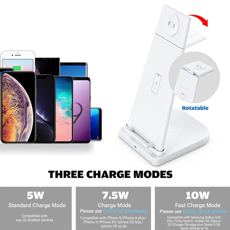 เครื่องชาร์จไร้สายมัลติฟังก์ชั่นแนวตั้ง 10W 3 in 1 QC 3.0 พร้อมฟังก์ชั่นขาตั้งเหมาะสำหรับโทรศัพท์มือถือ / Apple Watch / AirPods