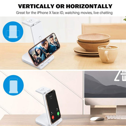 เครื่องชาร์จไร้สายมัลติฟังก์ชั่นแนวตั้ง 10W 3 in 1 QC 3.0 พร้อมฟังก์ชั่นขาตั้งเหมาะสำหรับโทรศัพท์มือถือ / Apple Watch / AirPods