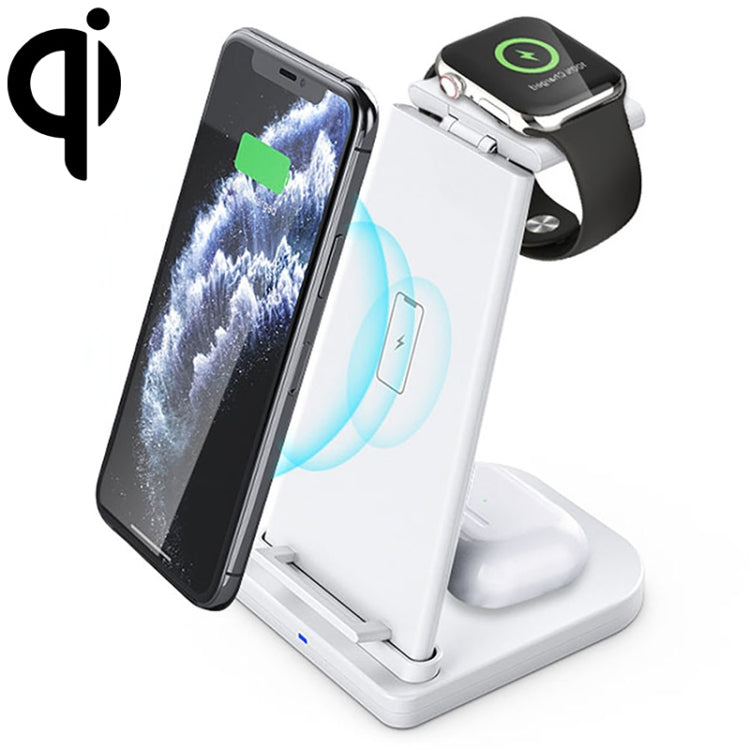 เครื่องชาร์จไร้สายมัลติฟังก์ชั่นแนวตั้ง 10W 3 in 1 QC 3.0 พร้อมฟังก์ชั่นขาตั้งเหมาะสำหรับโทรศัพท์มือถือ / Apple Watch / AirPods