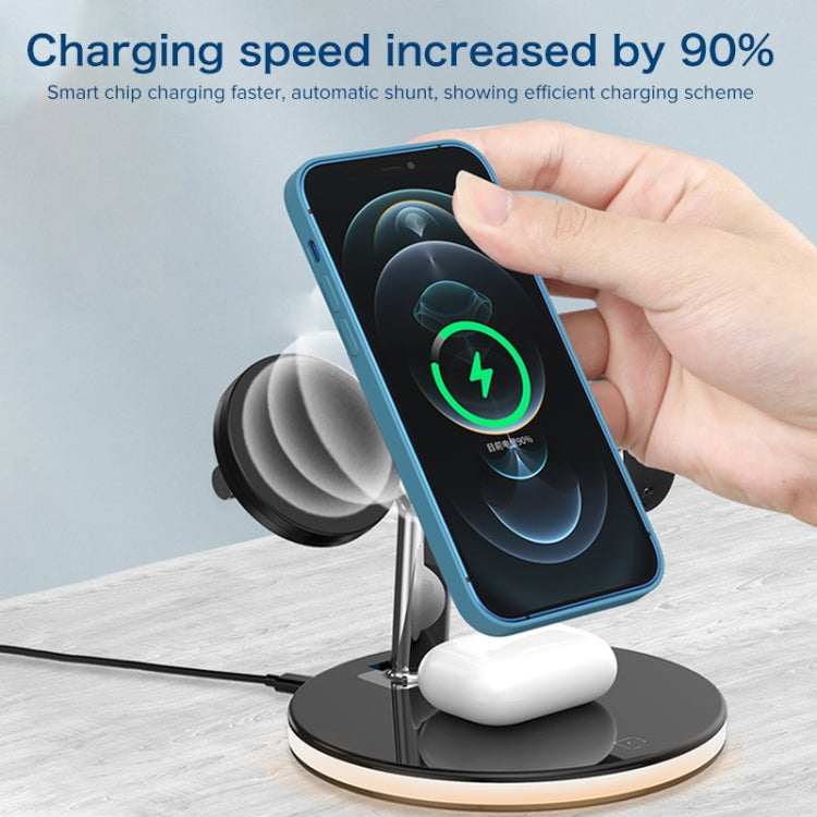 เครื่องชาร์จแม่เหล็กไร้สายมัลติฟังก์ชั่น 15W ใน 1 ใน 1 สำหรับโทรศัพท์มือถือและนาฬิกา Apple และ AirPods พร้อมไฟ LED สีสันสดใส