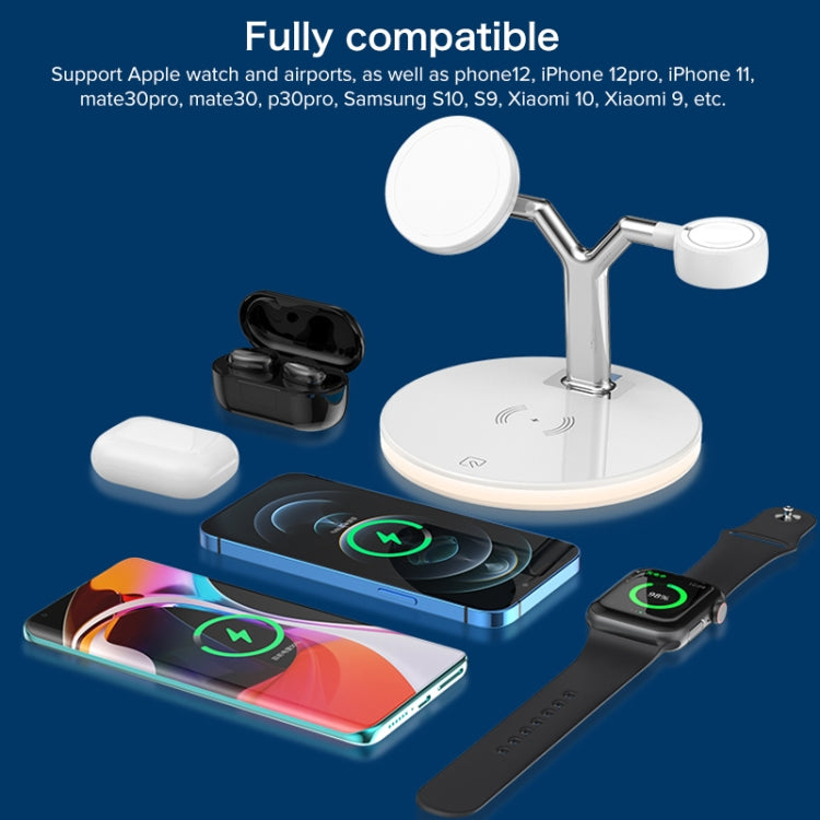เครื่องชาร์จแม่เหล็กไร้สายมัลติฟังก์ชั่น 15W ใน 1 ใน 1 สำหรับโทรศัพท์มือถือและนาฬิกา Apple และ AirPods พร้อมไฟ LED สีสันสดใส