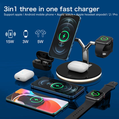 เครื่องชาร์จแม่เหล็กไร้สายมัลติฟังก์ชั่น 15W ใน 1 ใน 1 สำหรับโทรศัพท์มือถือและนาฬิกา Apple และ AirPods พร้อมไฟ LED สีสันสดใส