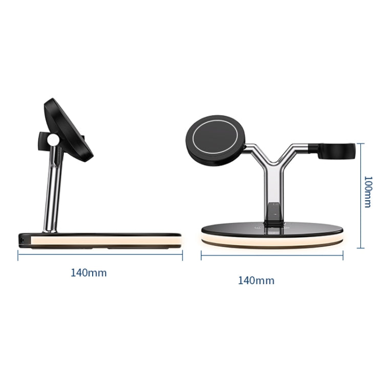 เครื่องชาร์จแม่เหล็กไร้สายมัลติฟังก์ชั่น 15W ใน 1 ใน 1 สำหรับโทรศัพท์มือถือและนาฬิกา Apple และ AirPods พร้อมไฟ LED สีสันสดใส