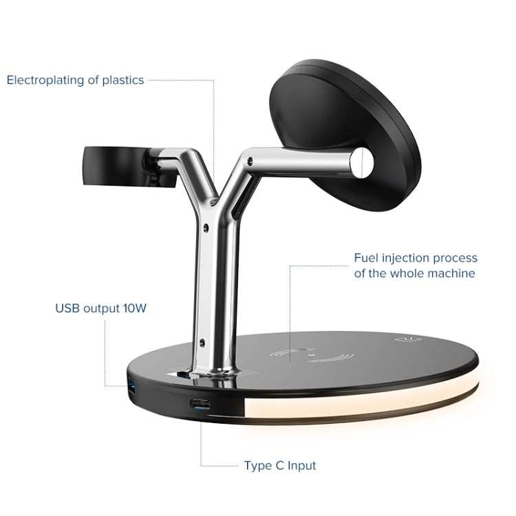 เครื่องชาร์จแม่เหล็กไร้สายมัลติฟังก์ชั่น 15W ใน 1 ใน 1 สำหรับโทรศัพท์มือถือและนาฬิกา Apple และ AirPods พร้อมไฟ LED สีสันสดใส
