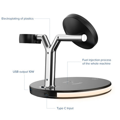เครื่องชาร์จแม่เหล็กไร้สายมัลติฟังก์ชั่น 15W ใน 1 ใน 1 สำหรับโทรศัพท์มือถือและนาฬิกา Apple และ AirPods พร้อมไฟ LED สีสันสดใส