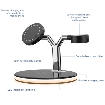 เครื่องชาร์จแม่เหล็กไร้สายมัลติฟังก์ชั่น 15W ใน 1 ใน 1 สำหรับโทรศัพท์มือถือและนาฬิกา Apple และ AirPods พร้อมไฟ LED สีสันสดใส