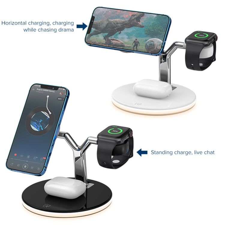 เครื่องชาร์จแม่เหล็กไร้สายมัลติฟังก์ชั่น 15W ใน 1 ใน 1 สำหรับโทรศัพท์มือถือและนาฬิกา Apple และ AirPods พร้อมไฟ LED สีสันสดใส