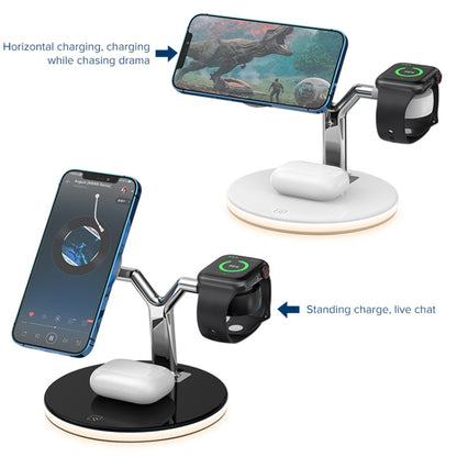 เครื่องชาร์จแม่เหล็กไร้สายมัลติฟังก์ชั่น 15W ใน 1 ใน 1 สำหรับโทรศัพท์มือถือและนาฬิกา Apple และ AirPods พร้อมไฟ LED สีสันสดใส