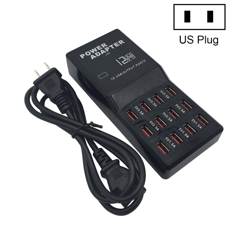 W-858 12A 12 พอร์ต USB แท่นชาร์จอย่างรวดเร็วแท่นชาร์จอัจฉริยะเดสก์ท็อป AC100-240V, US Plug, US Plug