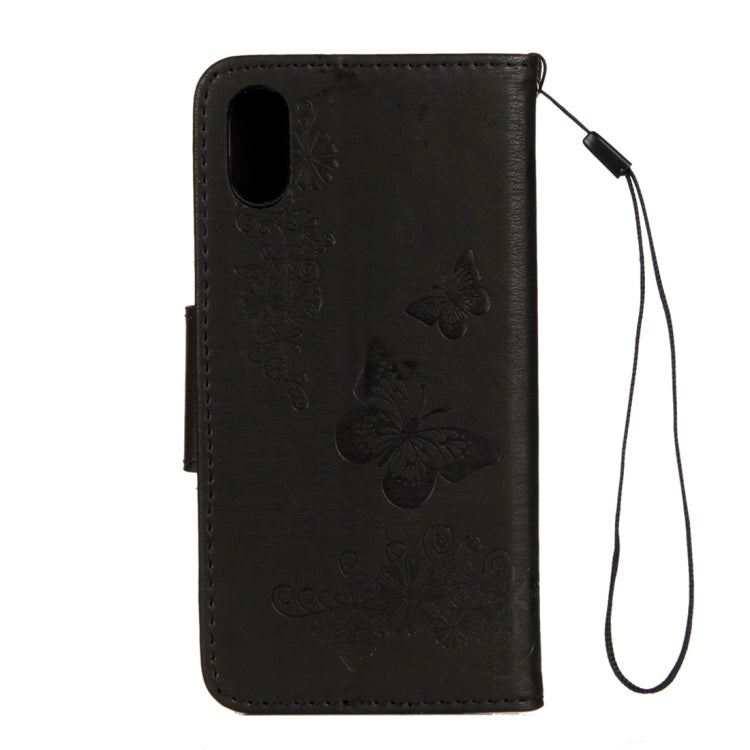 สำหรับ iPhone X / XS ซองหนังพลิกแนวนอนลายดอกไม้ผีเสื้อพร้อมตัวยึดและช่องเสียบการ์ดและกระเป๋าสตางค์และเชือกเส้นเล็ก, For X