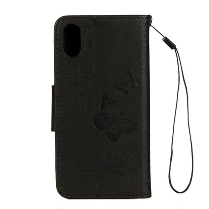 สำหรับ iPhone X / XS ซองหนังพลิกแนวนอนลายดอกไม้ผีเสื้อพร้อมตัวยึดและช่องเสียบการ์ดและกระเป๋าสตางค์และเชือกเส้นเล็ก, For X