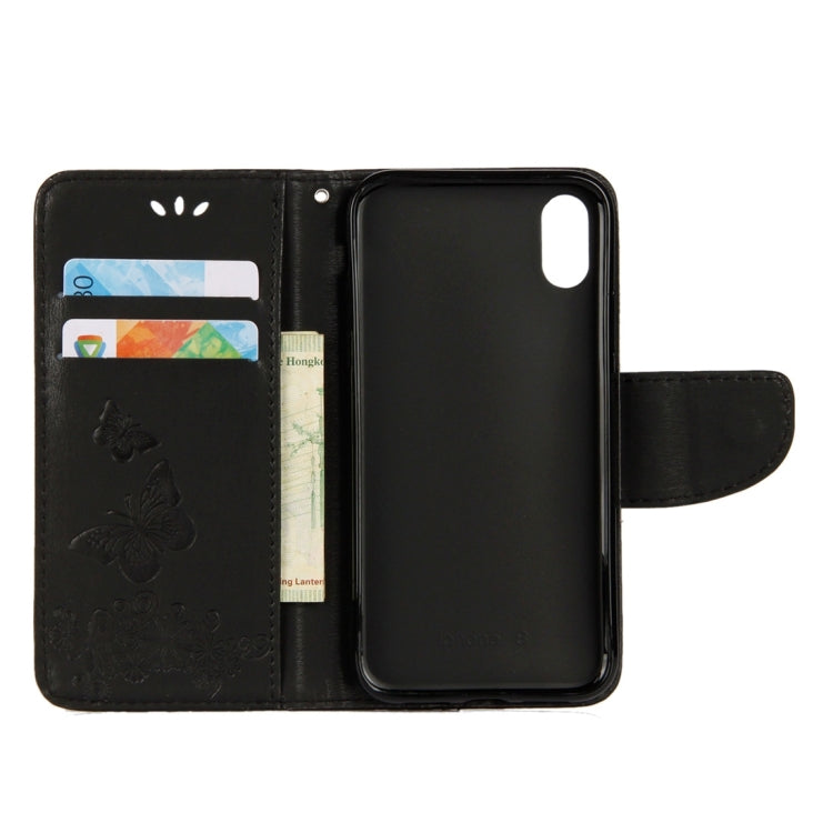 สำหรับ iPhone X / XS ซองหนังพลิกแนวนอนลายดอกไม้ผีเสื้อพร้อมตัวยึดและช่องเสียบการ์ดและกระเป๋าสตางค์และเชือกเส้นเล็ก, For X