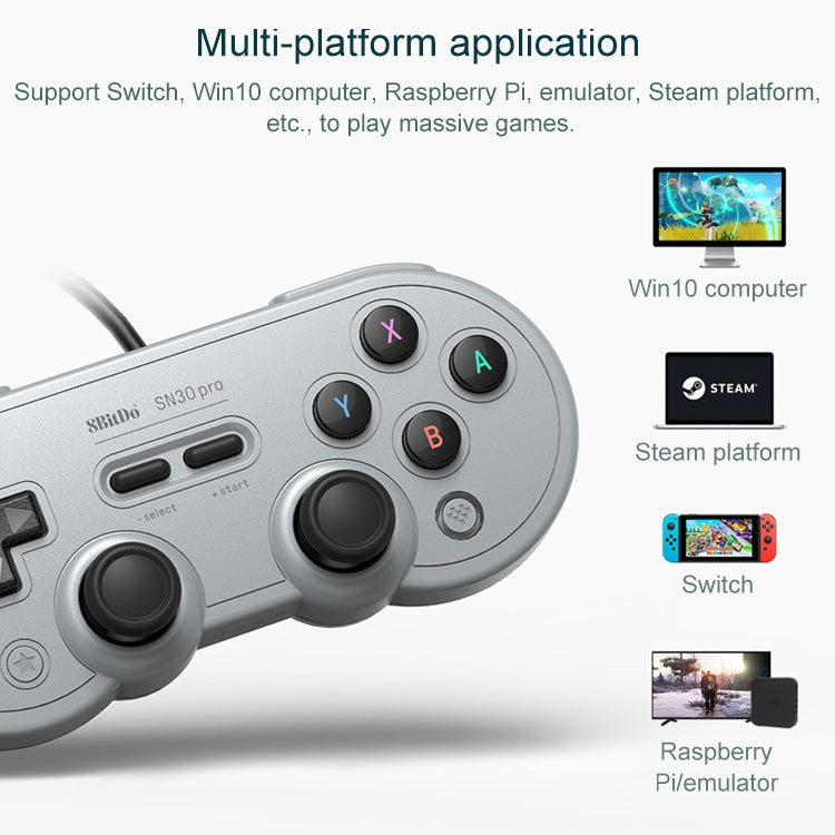 8Bitdo SN30 PRO จอยสติ๊กเกมแพดแบบมีสาย USB สำหรับสวิตช์ / Steam / PC, SN30 PRO Wired(Grey)
