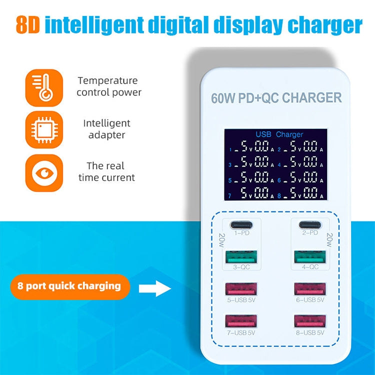 A8T 40W 8 พอร์ต USB QC3.0 USBC / TypeC สถานีชาร์จอัจฉริยะพร้อมจอแสดงผลดิจิตอล AC100240V, ปลั๊ก UK, A8T UK Plug