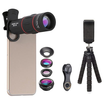 APEXEL APL-T18XBZJ5 4 ใน 1 กล้องโทรทรรศน์ 18X + เลนส์กว้าง 0.63X + เลนส์ Fisheye 198 องศา + เลนส์มาโคร 15X Universal กล้องภายนอกเลนส์โทรศัพท์, APL-T18XBZJ5