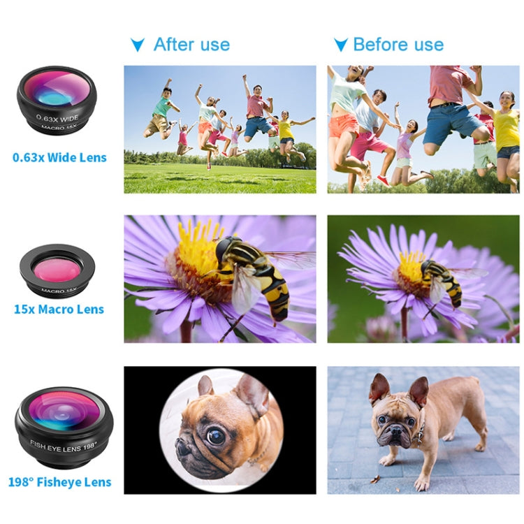 APEXEL APL-T18XBZJ5 4 ใน 1 กล้องโทรทรรศน์ 18X + เลนส์กว้าง 0.63X + เลนส์ Fisheye 198 องศา + เลนส์มาโคร 15X Universal กล้องภายนอกเลนส์โทรศัพท์, APL-T18XBZJ5