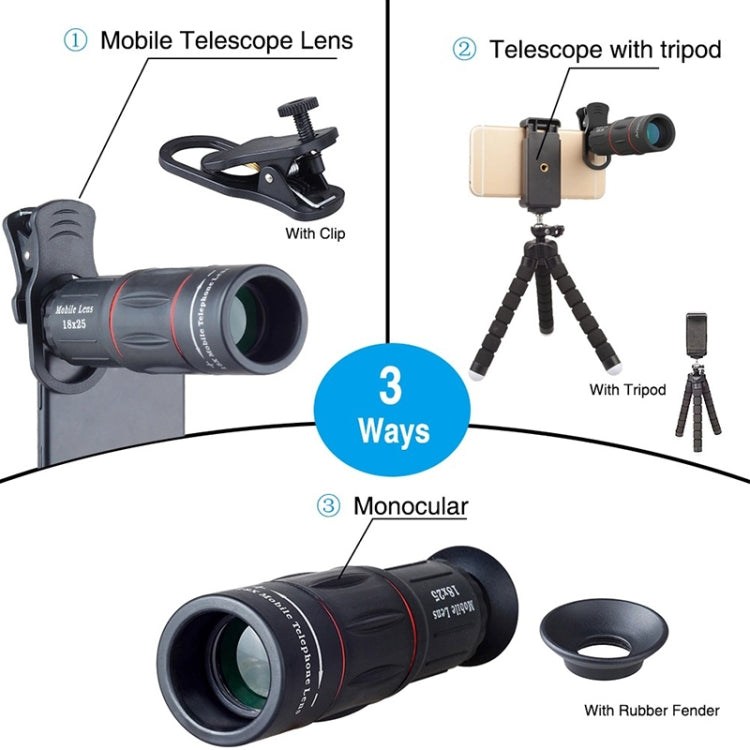 APEXEL APL-T18XBZJ5 4 ใน 1 กล้องโทรทรรศน์ 18X + เลนส์กว้าง 0.63X + เลนส์ Fisheye 198 องศา + เลนส์มาโคร 15X Universal กล้องภายนอกเลนส์โทรศัพท์, APL-T18XBZJ5