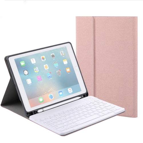 RK508 สำหรับ iPad Air 2 และ Air 1 / Pro 9.7 นิ้วและ iPad 2017 และ iPad 2018 เนื้อผ้าไหมพลาสติกที่ถอดออกได้แป้นพิมพ์ Bluetooth เคสแท็บเล็ตหนังพร้อมขาตั้งและฟังก์ชั่นช่องเสียบปากกา
