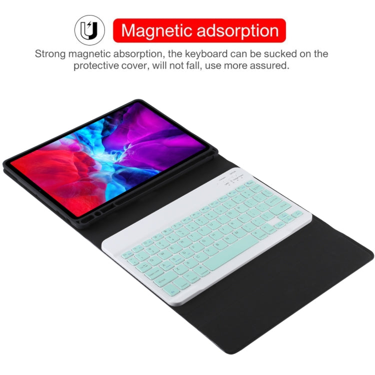 TG11B แป้นพิมพ์บลูทูธสีเขียวแบบถอดได้ + เคสแท็บเล็ตหนังไมโครไฟเบอร์สำหรับ iPad Pro 11 นิ้ว (2020) พร้อมช่องใส่ปากกาและที่วาง, Green Keyboard